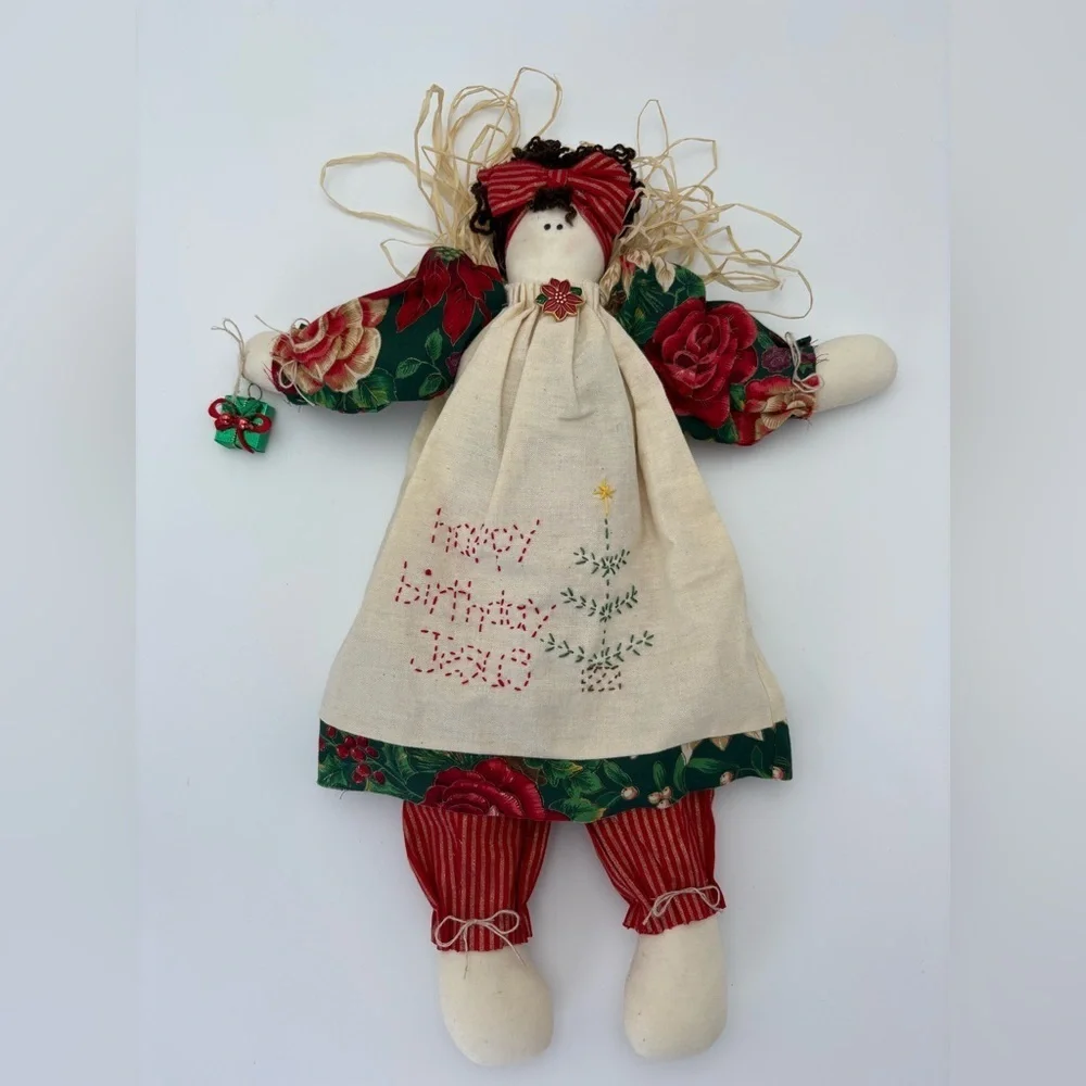 Festive Vintage Handmade Christmas Doll with Embroidered Dress
